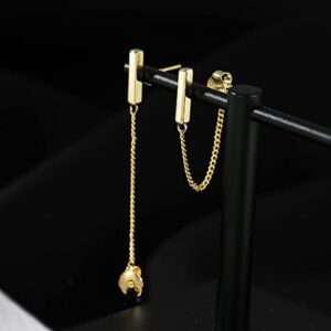 Reffeer Solid 925 Sterling Silver Bar Chain Dangle Earrings Drops for Women Teen Girls Bar Drop Earrings Chain Studs (A-Gold)