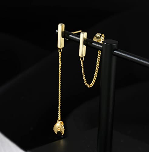 Reffeer Solid 925 Sterling Silver Bar Chain Dangle Earrings Drops for Women Teen Girls Bar Drop Earrings Chain Studs (A-Gold)