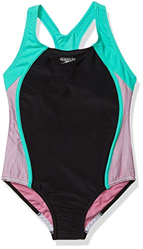 Speedo Girl's Swimsuit One Piece Mesh Splice Thick Strap Fuchsia Pink, 10