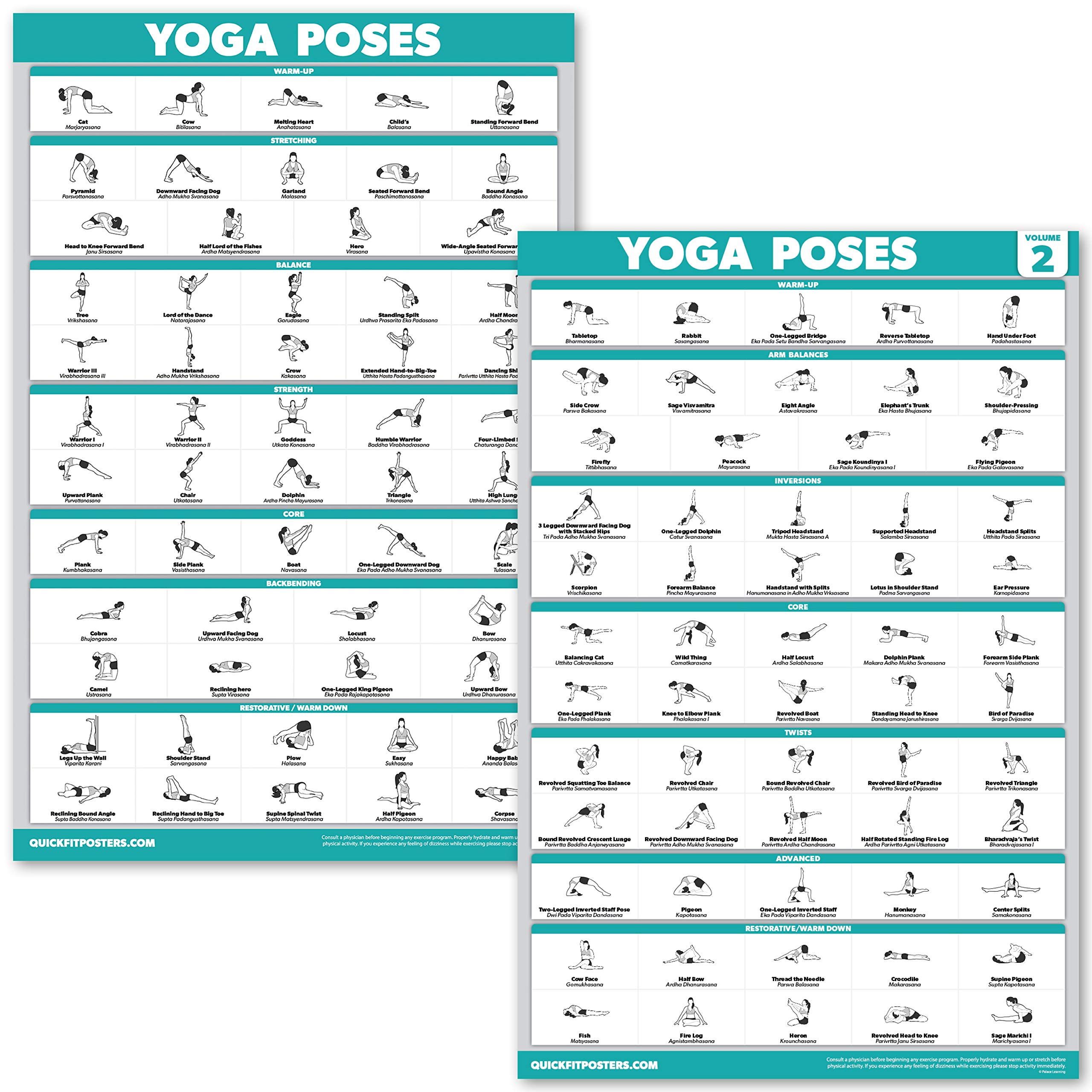 QuickFit 2 Pack - Yoga Poses Poster Set - Beginner Yoga Position Charts - Volume 1 & 2 (LAMINATED, 18" x 24")