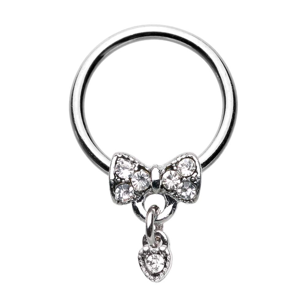 Amelia Fashion 16 Gauge Dainty Bow-Tie Dangle Captive Bead Ring 316L Surgical Steel (Silver/Clear)