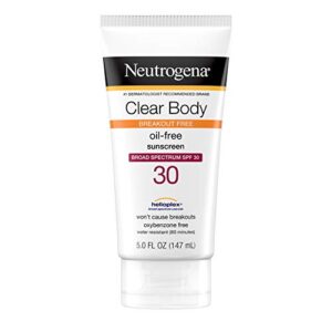 neutrogena clear body breakout-free liquid sunscreen lotion for acneprone skin, oil free sunscreen, broad spectrum spf 30, oxybenzone free, fragrance free, non comedogenic, unscented, 5 fl oz