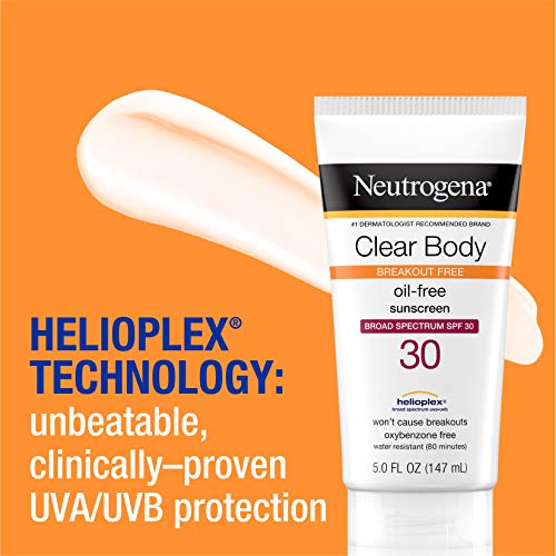 Neutrogena Clear Body Breakout-Free Liquid Sunscreen Lotion for AcneProne Skin, Oil Free Sunscreen, Broad Spectrum SPF 30, Oxybenzone Free, Fragrance Free, Non Comedogenic, Unscented, 5 Fl Oz