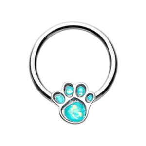 amelia fashion 16 gauge paw print glitter opal captive bead ring 316l stainless steel (silver/teal)