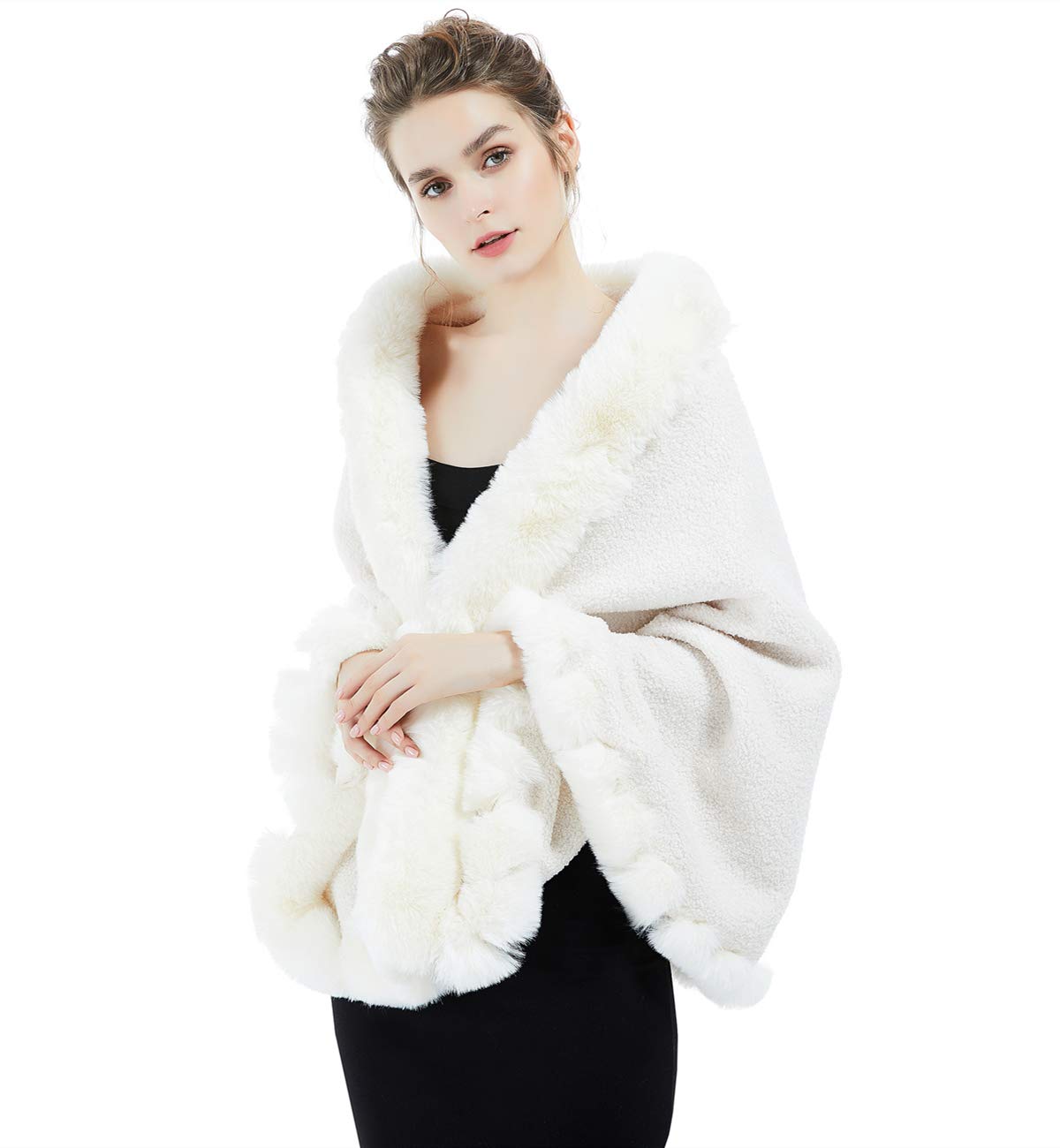 Faux Fur Shawl Wrap Bridal Cape Bridesmaids Stole Lambs Wool Shrug Winter Wedding with Fur Trim Ivory