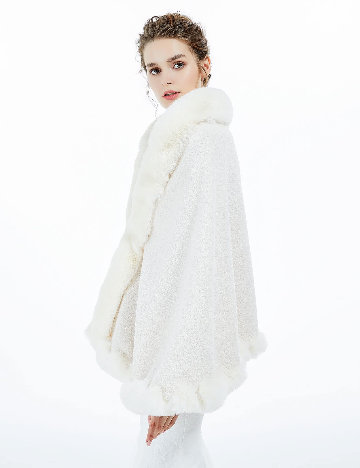 Faux Fur Shawl Wrap Bridal Cape Bridesmaids Stole Lambs Wool Shrug Winter Wedding with Fur Trim Ivory