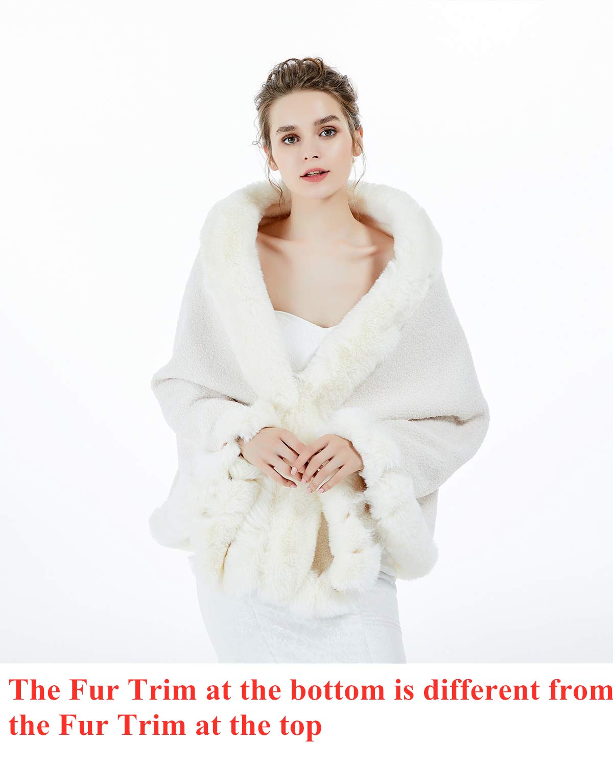 Faux Fur Shawl Wrap Bridal Cape Bridesmaids Stole Lambs Wool Shrug Winter Wedding with Fur Trim Ivory