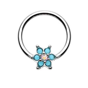 Amelia Fashion 16 Turquoise Spring Flower Turquoise/AuroraBorealis Sparkle Captive Bead Ring 316L Surgical Steel (Silver/Aurora Borealis)