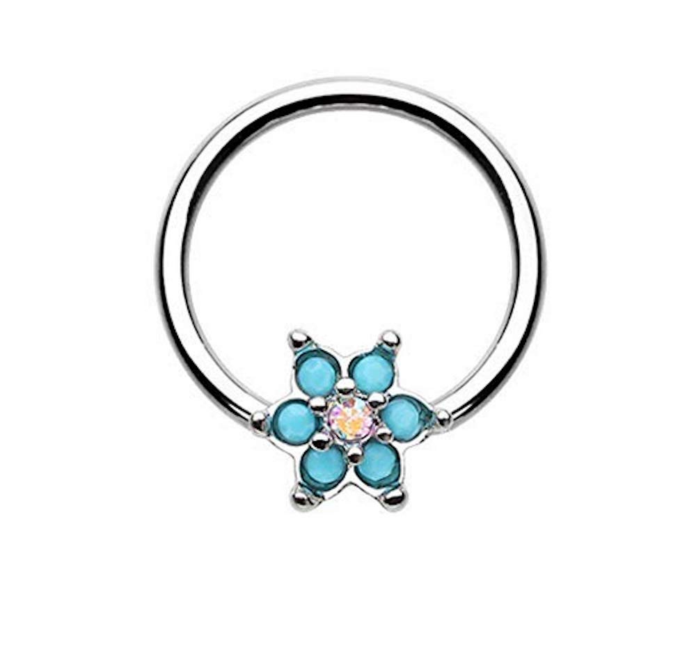 Amelia Fashion 16 Turquoise Spring Flower Turquoise/AuroraBorealis Sparkle Captive Bead Ring 316L Surgical Steel (Silver/Aurora Borealis)