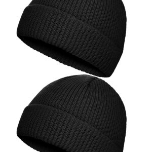 SATINIOR mens 2 Pieces Winter Short Fisherman Beanie Trawler Watch Edge Skullcap Men's Hat, Black, Medium