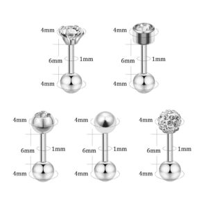 5 Pairs Ball Stud Earrings Stainless Steel 18G Barbell Gartilage Earrings Helix Earrings 4mm CZ Ear Piercing Set (Silver)