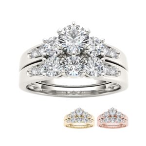 DZON IGI Certified 14k Yellow Gold 1 3/8 Carat TDW Diamond Three Stone Bridal Ring Set (I-J,I2)