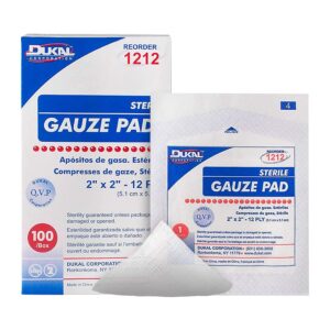 dukal woven gauze pads 2" x 2". pack of 100 12-ply disposable cotton sponges for wound dressing, cleaning, prepping, or packing. sterile, 100% cotton.