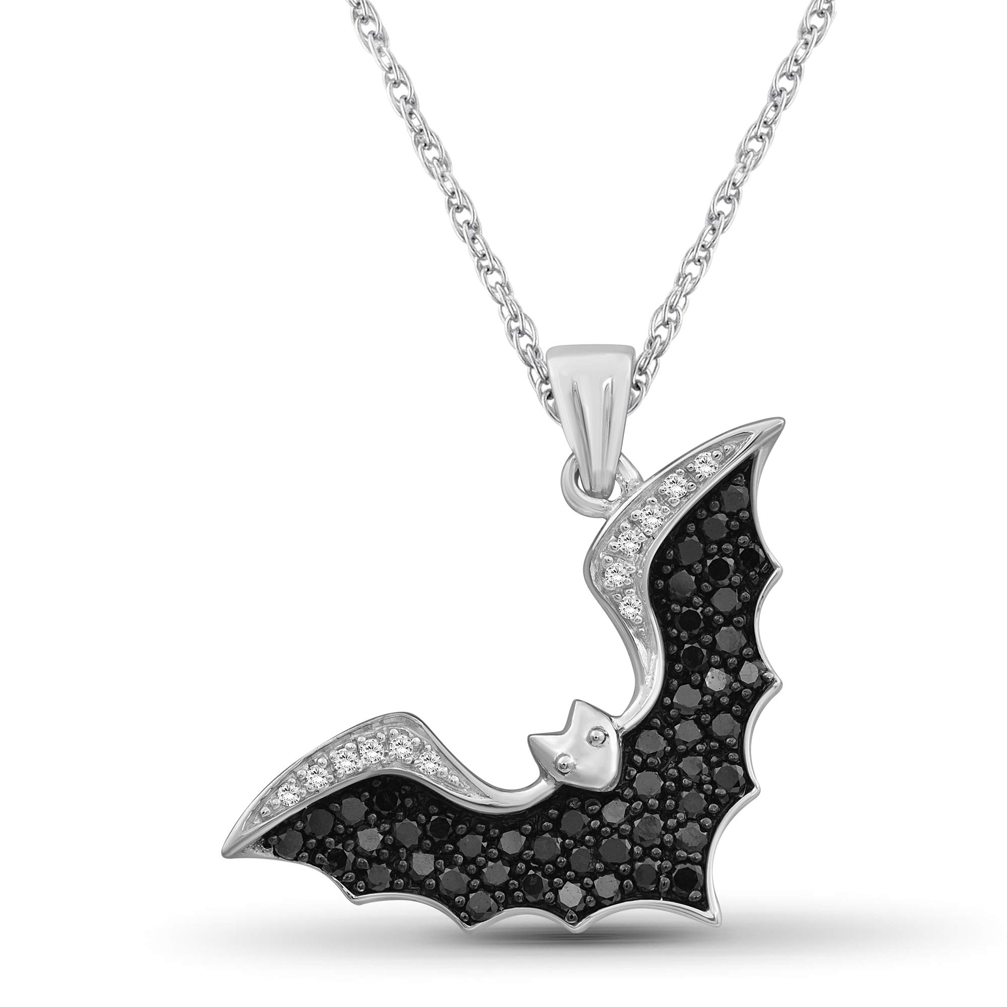 JEWELEXCESS Diamond Bat Necklace Halloween Jewelry – 1 CTW Black and White Diamond Halloween Necklace – Sterling Silver Rope Chain with Bat Pendant – Witchy Jewelry for Women