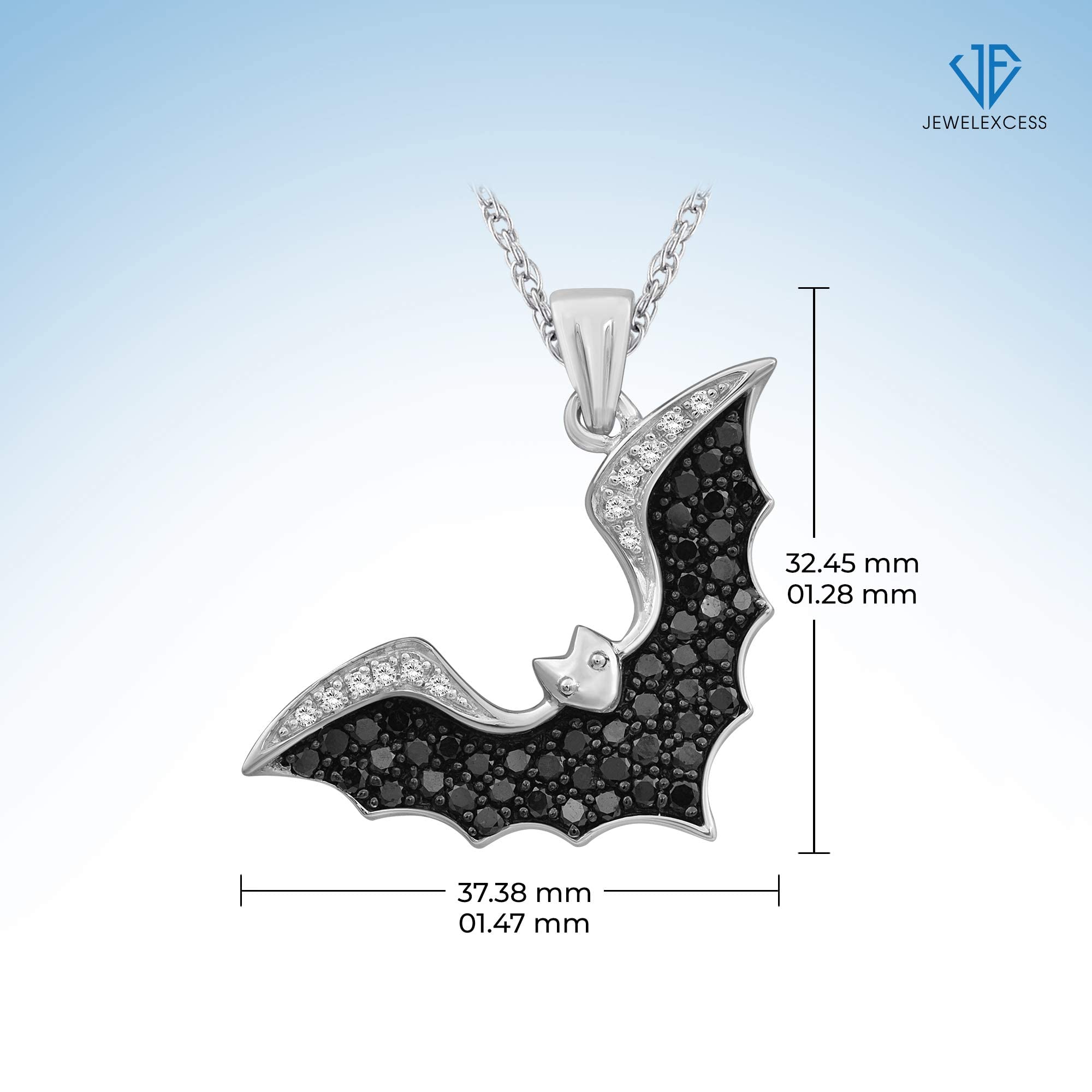 JEWELEXCESS Diamond Bat Necklace Halloween Jewelry – 1 CTW Black and White Diamond Halloween Necklace – Sterling Silver Rope Chain with Bat Pendant – Witchy Jewelry for Women