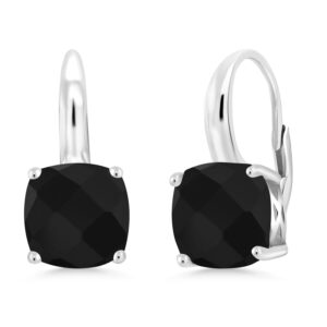 Gem Stone King 925 Sterling Silver Black Onyx Earrings For Women (4.22 Cttw, Gemstone Birthstone, Cushion Checkerboard Cut 8MM)