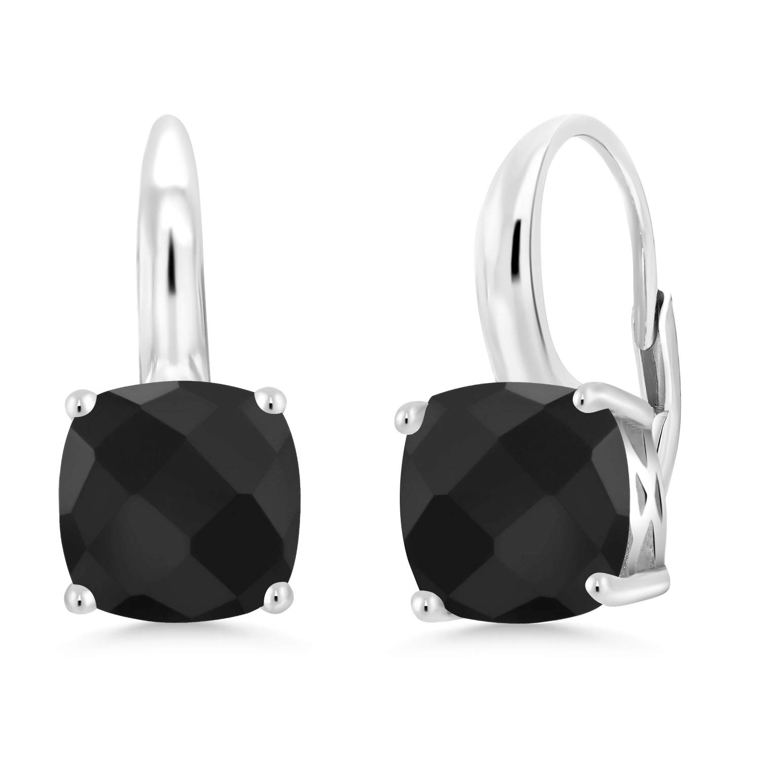 Gem Stone King 925 Sterling Silver Black Onyx Earrings For Women (4.22 Cttw, Gemstone Birthstone, Cushion Checkerboard Cut 8MM)