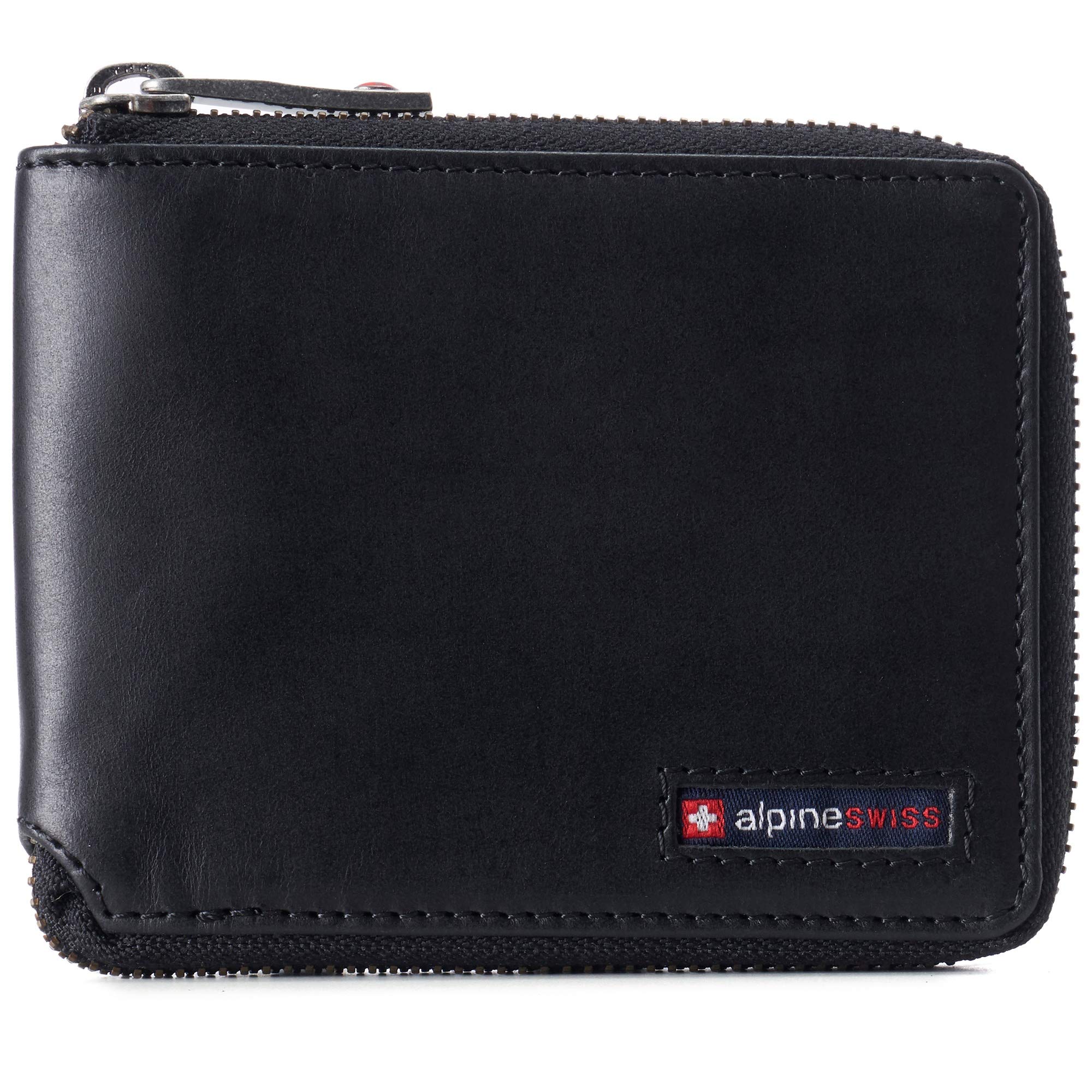 Alpine Swiss Logan Zipper Bifold Wallet For Men or Women RFID Safe Hampton Collection Glossy Nappa Black