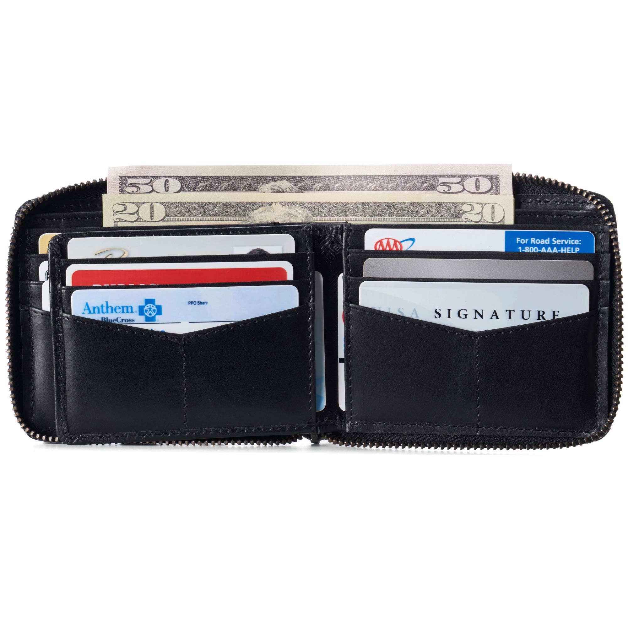 Alpine Swiss Logan Zipper Bifold Wallet For Men or Women RFID Safe Hampton Collection Glossy Nappa Black