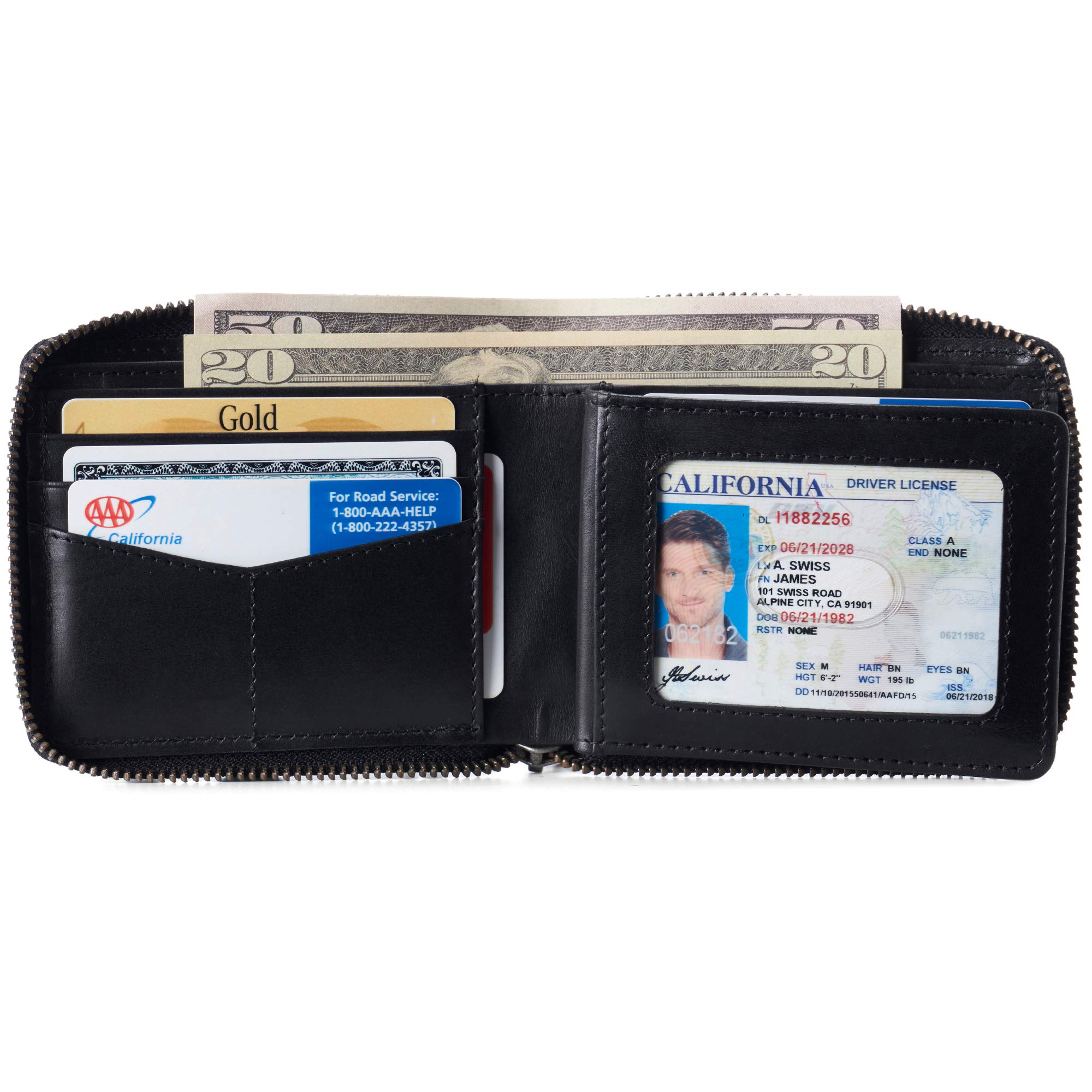 Alpine Swiss Logan Zipper Bifold Wallet For Men or Women RFID Safe Hampton Collection Glossy Nappa Black