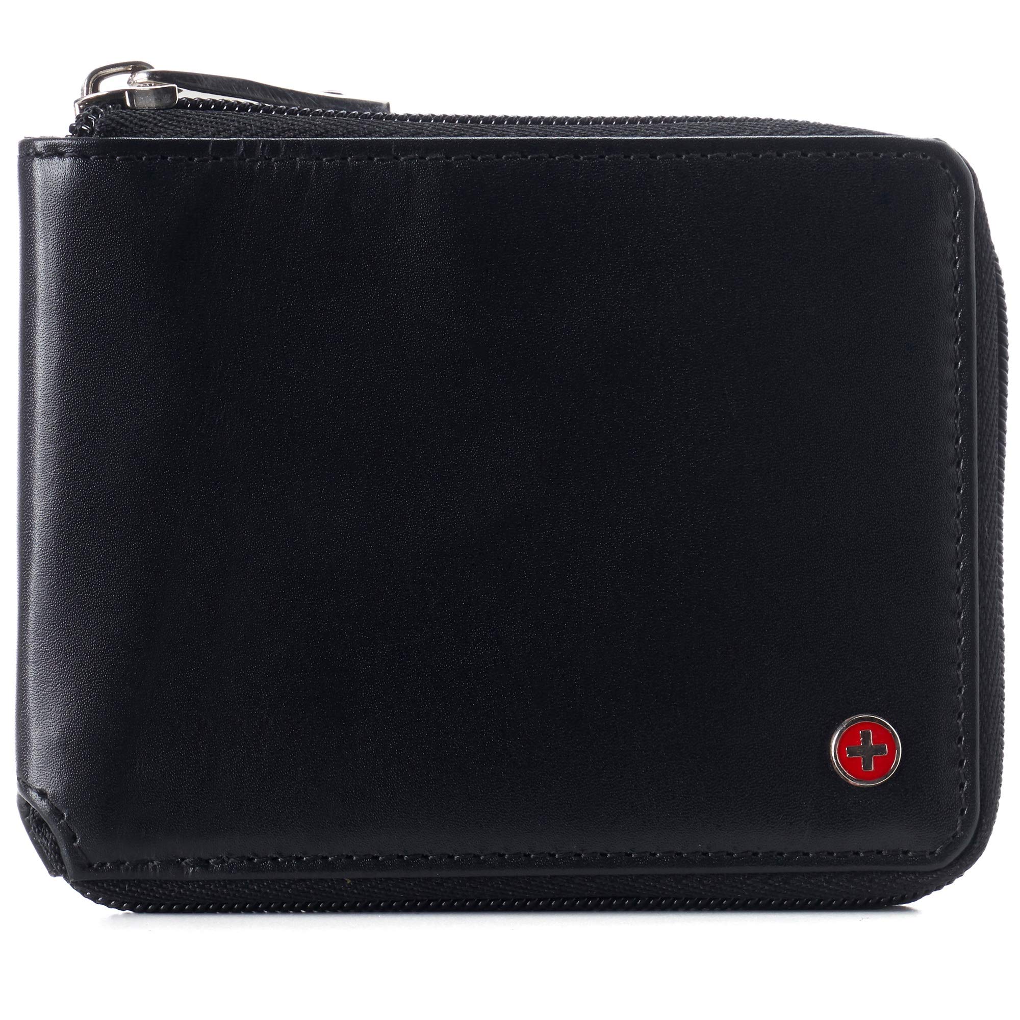 Alpine Swiss Logan Zipper Bifold Wallet For Men or Women RFID Safe York Collection Smooth Finish Black