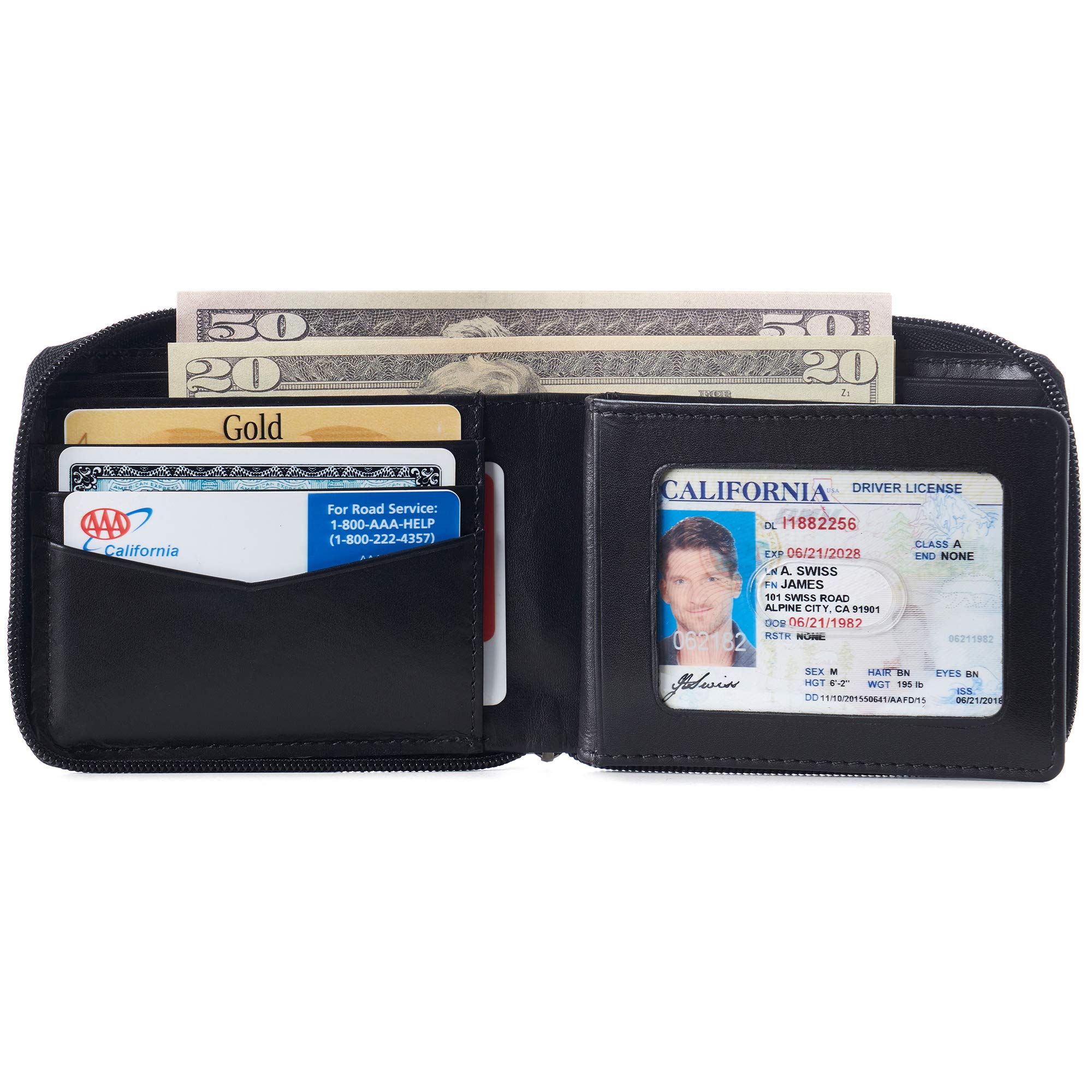 Alpine Swiss Logan Zipper Bifold Wallet For Men or Women RFID Safe York Collection Smooth Finish Black