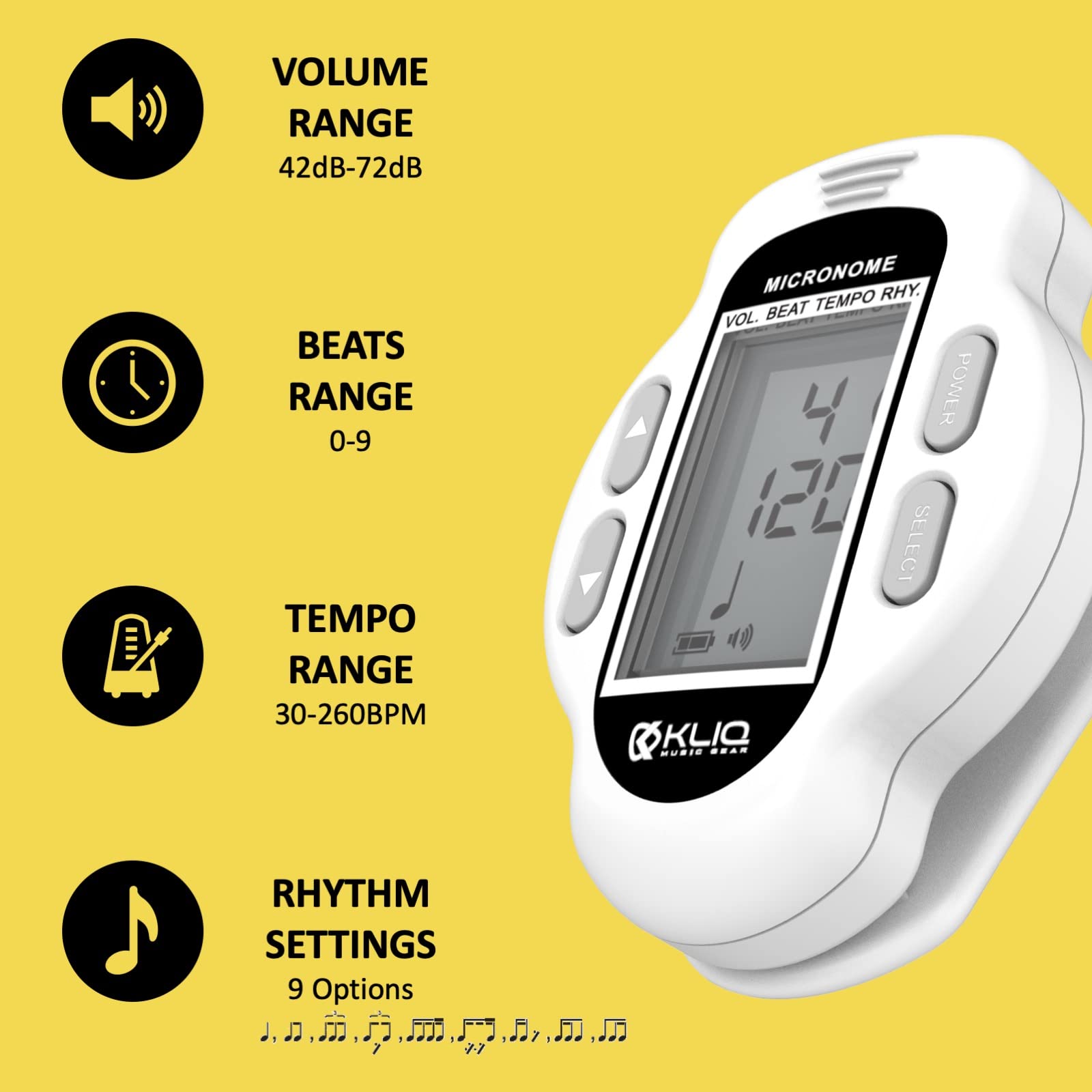 KLIQ MicroNome - Mini Rechargeable Digital Metronome - with Speaker (Digital Volume, Beat and Tempo Adjustment) Designed for use with Piano, Guitar, Saxophone, Flute, Violin, Drum (White)