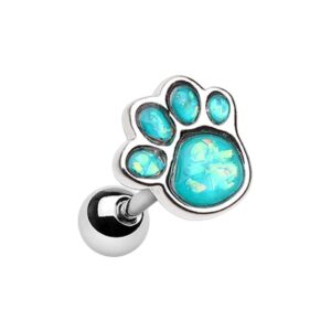 Amelia Fashion 18 Gauge Teal Opal Paw Print Tragus/Cartilage Barbell Stud 316L Surgical Steel (Silver/Teal)