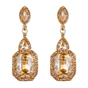 brilove wedding bridal clip on earrings for women crystal emerald cut infinity figure 8 dangle earrings champagne gold-tone