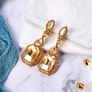 BriLove Wedding Bridal Clip On Earrings for Women Crystal Emerald Cut Infinity Figure 8 Dangle Earrings Champagne Gold-Tone