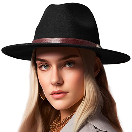 LADYBRO Fedora Hats for Women Wide Brim Hat, Incld 3 Decor Belts, Wool Felt, 58cm Adjustable Women's Fedora