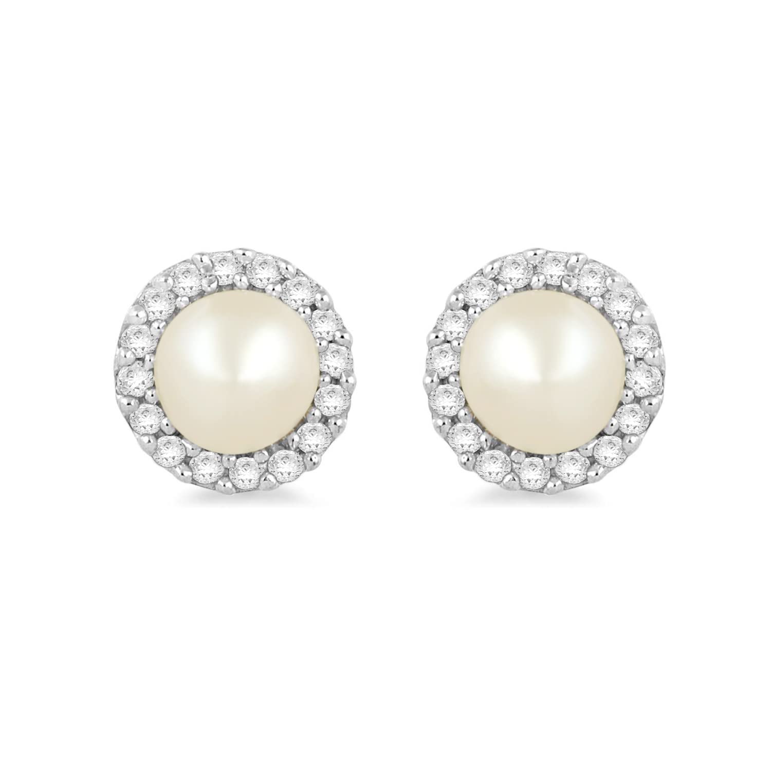 Jewelili 10k Yellow Gold Stud Earrings with 4mm Round Pearl and Natural White Round Diamonds, 1/10 cttw