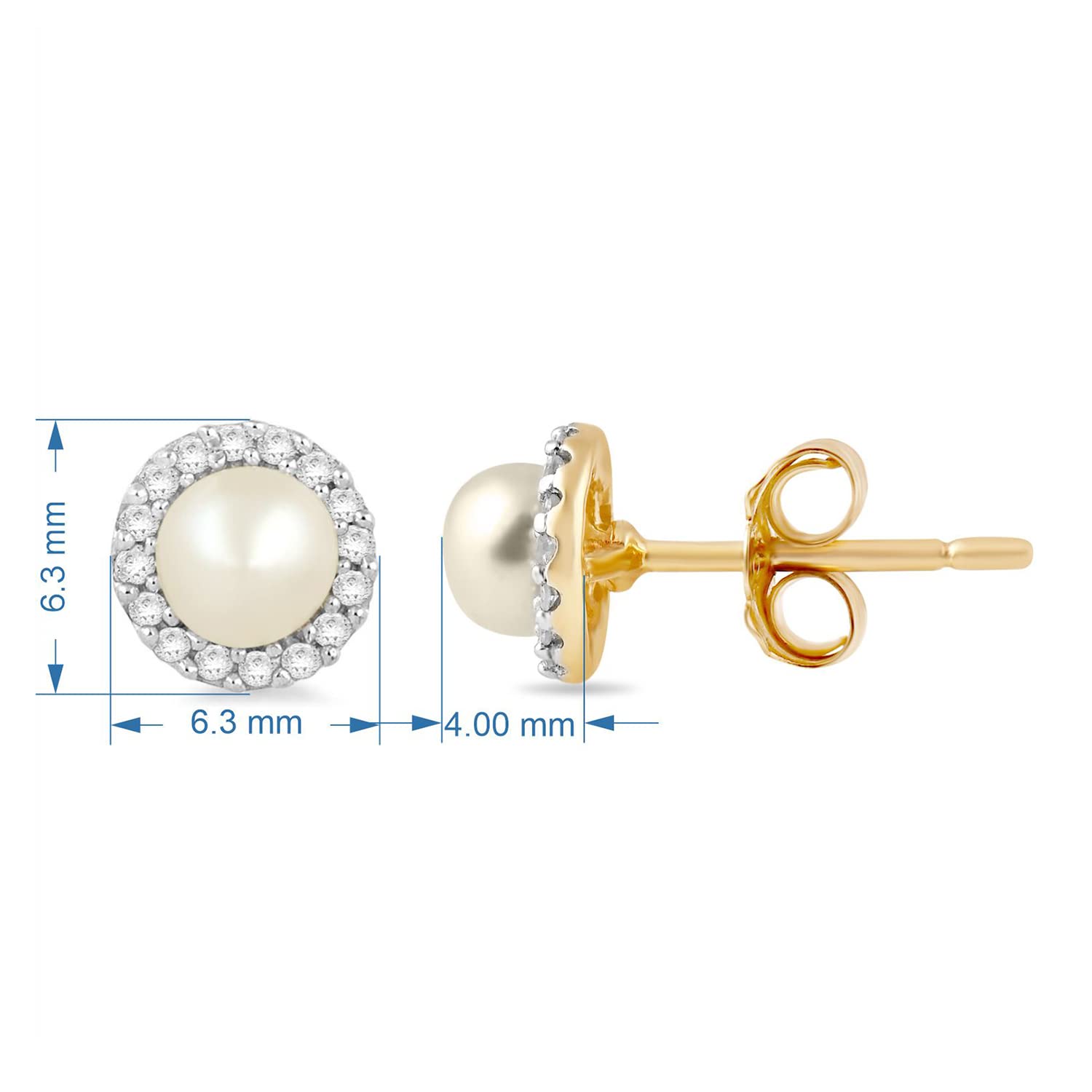 Jewelili 10k Yellow Gold Stud Earrings with 4mm Round Pearl and Natural White Round Diamonds, 1/10 cttw