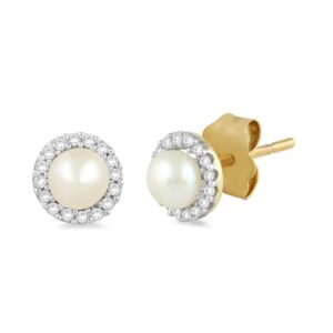 Jewelili 10k Yellow Gold Stud Earrings with 4mm Round Pearl and Natural White Round Diamonds, 1/10 cttw