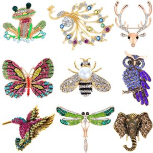 Hicarer 9 Pieces Women Brooches Pins Bulk Set Rhinestone Animal Insect Crystal Pins Butterfly Dragonfly Hummingbird Owl Peacock Brooch Pin for Women Girls Gifts, 9 Styles