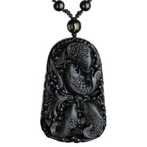 Natural black obsidian Amulet dragon head fish koi pendant bead necklace with bead chain for women or men (fish)