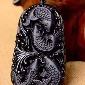 Natural black obsidian Amulet dragon head fish koi pendant bead necklace with bead chain for women or men (fish)