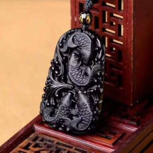 Natural black obsidian Amulet dragon head fish koi pendant bead necklace with bead chain for women or men (fish)