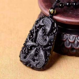 Natural black obsidian Amulet dragon head fish koi pendant bead necklace with bead chain for women or men (fish)