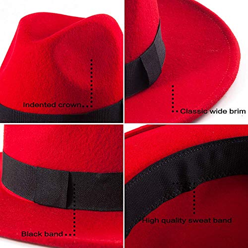 LADYBRO Fedora Hats for Women Wide Brim Hat, Incld 3 Decor Belts, Wool Felt, 58cm Adjustable Women's Fedora (Wool, Red, fit for 22" - 22 7/8")