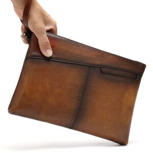 NIUCUNZH Genuine Leather Mens Clutch Bag Man Purse Handbag 12 inches Large Hand Bag Big Clutch Wallet Dye Brown