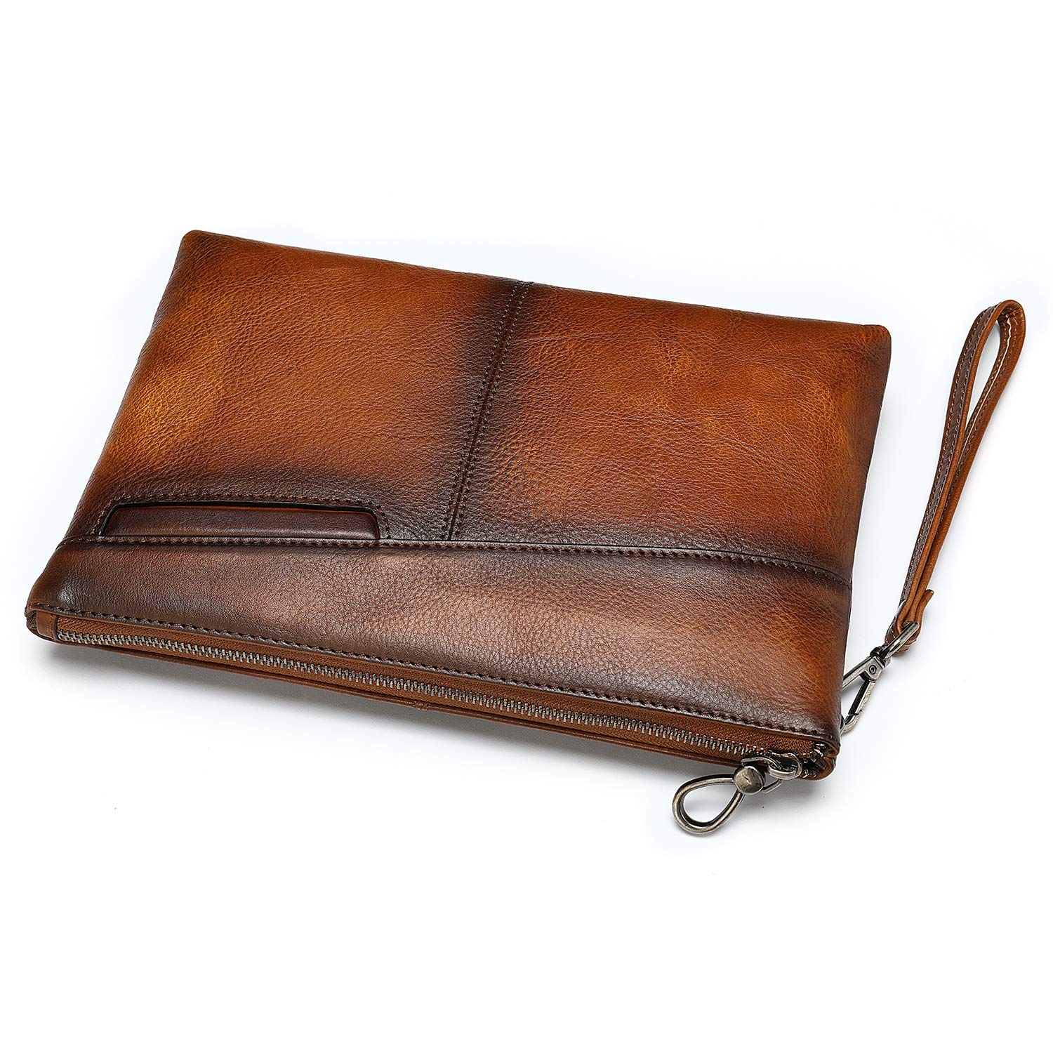 NIUCUNZH Genuine Leather Mens Clutch Bag Man Purse Handbag 12 inches Large Hand Bag Big Clutch Wallet Dye Brown