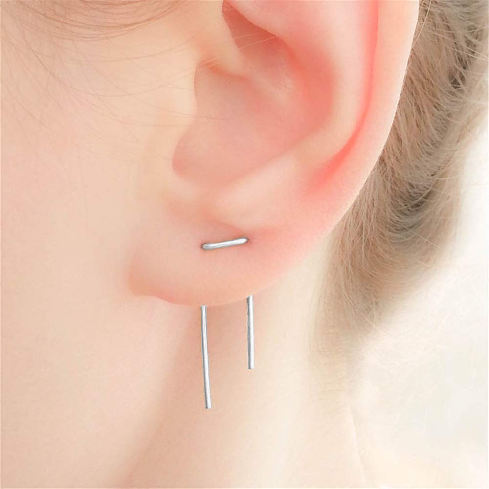 Minimalist Double Piercing Earrings for Women Men S925 Sterling Silver Bar Threader Dangle Drop Stud Safety Pin 2 Hole Lobe Bended Hook Fashion Personalized Hypoallergenic Lightweight Jewelry