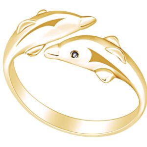 AFFY 14K Yellow Gold Over Sterling Silver Black Cubic Zirconia Double Dolphins Adjustable Ring for Women