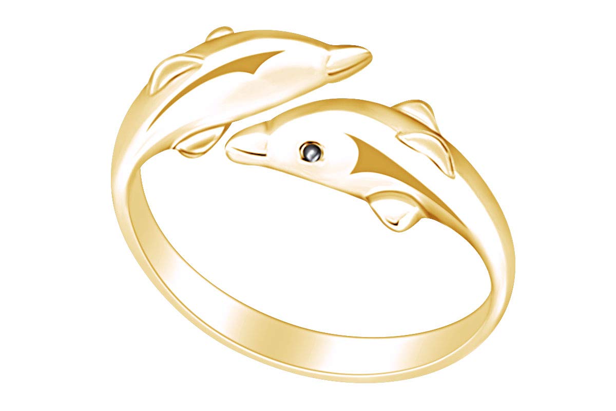 AFFY 14K Yellow Gold Over Sterling Silver Black Cubic Zirconia Double Dolphins Adjustable Ring for Women