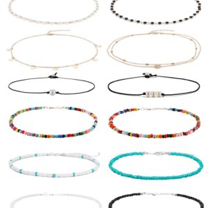 Wremily 4-12 Pieces Beaded Choker Necklaces for Women Boho Seed Bead Choker Set Hawaiian Handmade Turquoise Beach Beads Necklace Chain Jewelry