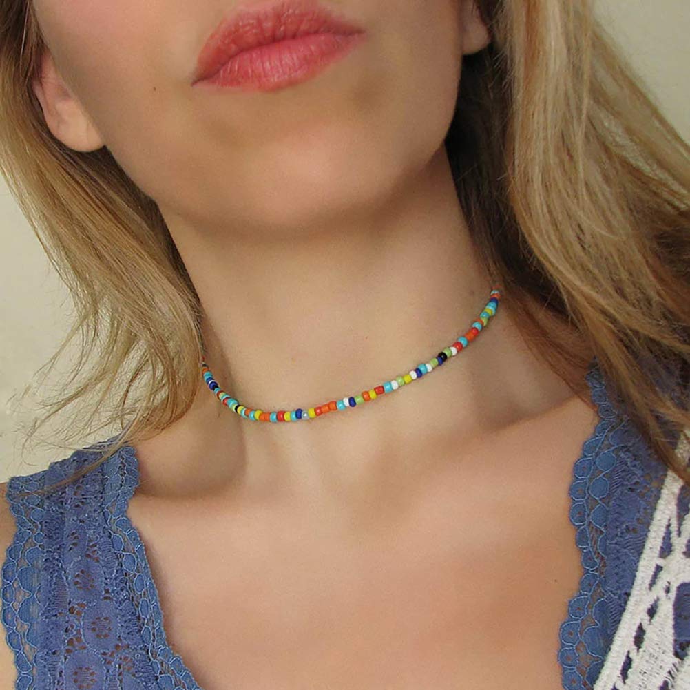 Wremily 4-12 Pieces Beaded Choker Necklaces for Women Boho Seed Bead Choker Set Hawaiian Handmade Turquoise Beach Beads Necklace Chain Jewelry