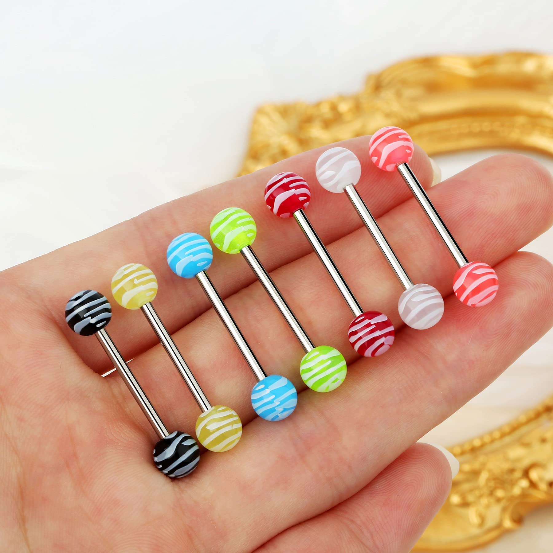 Jewseen 7Pcs 14G 316L Stainless Steel Tongue Bars Candy Color Tongue Piercings Glow in The Dark Tongue Barbell