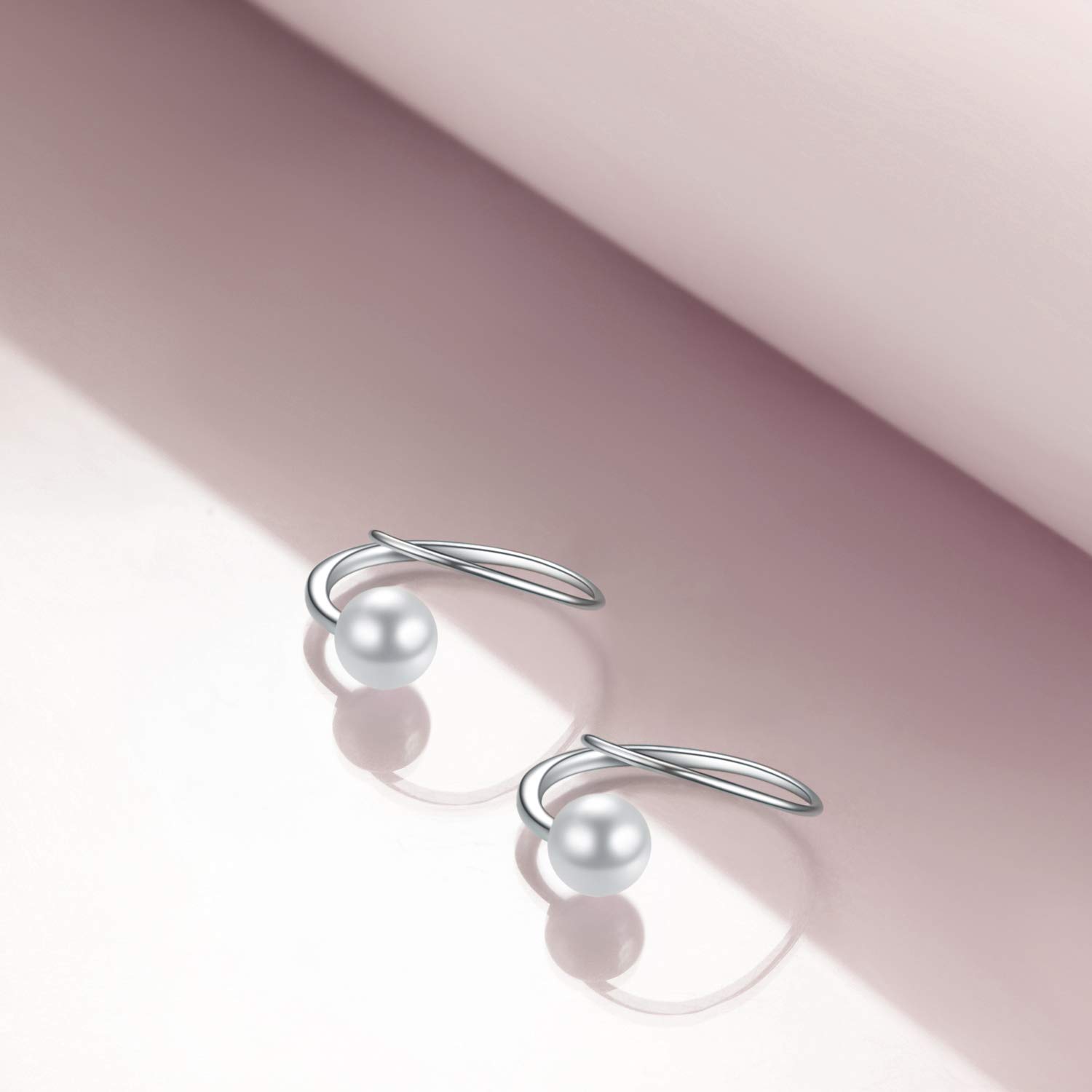 Sterling Silver Pearl Spiral Hoop Earrings Pull Through Small Hoop Earring for Women