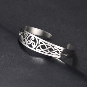 TEAMER Celtic Knot Bracelet Stainless Steel Silver Cuff Bangle Hollow Out Vintage Symbol Norse Amulet Jewelry for Women Men (Triskele)